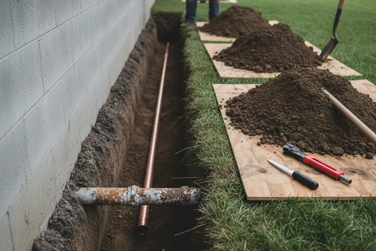 Excavated water line trench during Sewer Line Repair in Union City